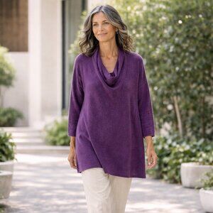 Eileen Fisher Baby Alpaca Knit Tunic Sweater Cowl Neck Purple